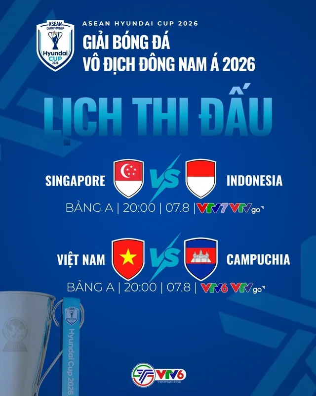 Lịch thi đấu và trực tiếp ASEAN Hyundai Cup 2026 hôm nay (7/8) trên VTV: ĐT Việt Nam ra quân, Indonesia chạm trán Singapore
- Ảnh 1. Lịch thi đấu và trực tiếp ASEAN Hyundai Cup 2026 hôm nay (7/8) trên VTV: ĐT Việt Nam ra quân, Indonesia chạm trán Singapore
- Ảnh 1.