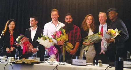The crew of Kong: Skull Island pose for photo calls during their press conference in Ha Noi yesterday. The film will be shot in Quang Ninh, Quang Binh and Ninh Binh provinces over a five week period. — VNS Photo Minh Thu