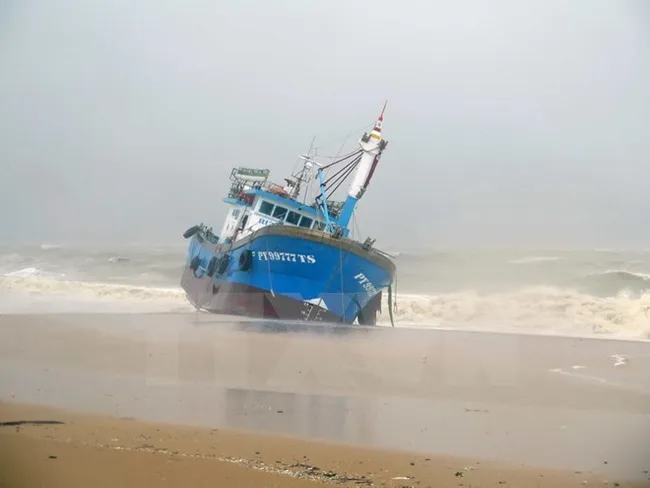 A boat was washed ashore by strong waves in storm Damrey in Quy Nhon city of Binh Dinh province (Photo: VNA)