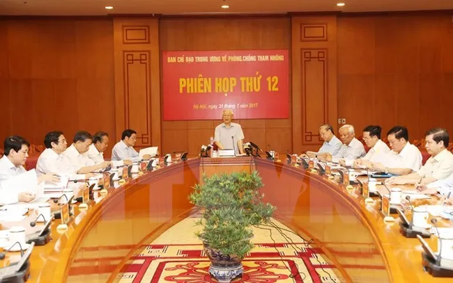 Party General Secretary Nguyen Phu Trong speaks at the 12th meeting of the Central Steering Committee on Anti-Corruption on July 31 (Photo: VNA)