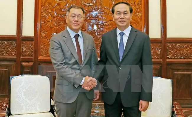 President Tran Dai Quang (R) receives Hyundai Motor Vice Chairman Chung Eui-sun in Hanoi.-
VNA/VNS Photo Nhan Sang