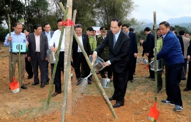 President Tran Dai Quang waters a newly-planted tree during the launching ceremony.