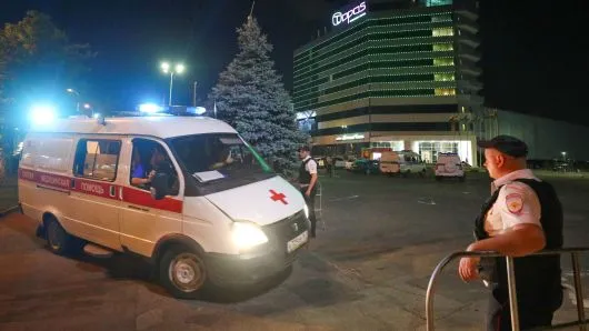 Ambulance arrives at the Topos Congress hotel in the soccer World Cup host city of Rostov-on-Don, Russia June 26, 2018. (photo: Hannah McKay | Reuters)