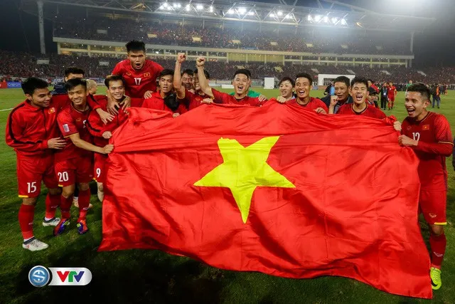 Vietnamese players celebrate winning their second AFF Cup trophy in history.