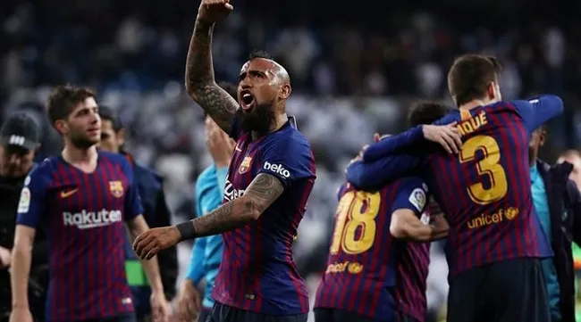 Barca players celebrate their victory. (Photo: Reuters)