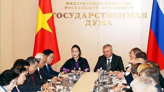 National Assembly (NA) Chairwoman Nguyen Thi Kim Ngan (left) and Chairman of the State Duma of Russia Vyacheslav V. Volodin on December 11 co-chair the first meeting of the inter-parliamentary cooperation committee. (Photo: VNA)