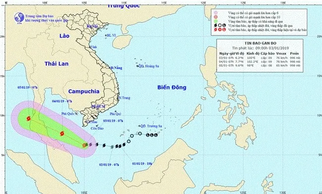 The projected location and direction of Pabuk, the first storm to hit Vietnam this year. (Photo: nchmf.gov.vn)
