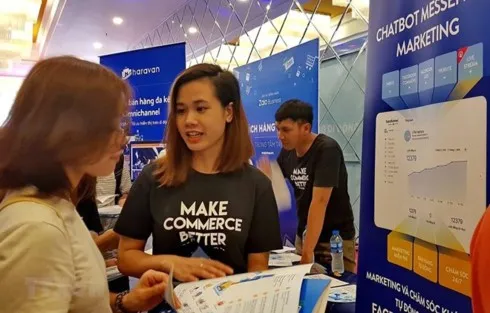 A booth introducing marketing services and technologies at the Vietnam Online Marketing Forum 2019 in Hanoi on August 14. (Photo: VNA)