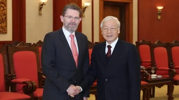 General Secretary and President Nguyen Phu Trong receives Australian Senate President Scott Ryan. (Photo: VNA)