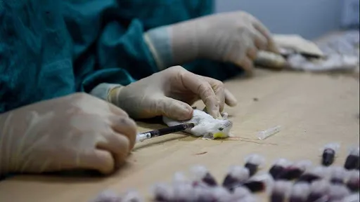 A mouse, which is a test subject for a COVID-19 vaccine made by Vietnam, has its blood sample taken in a Vabiotech lab. (Photo: VnExpress)