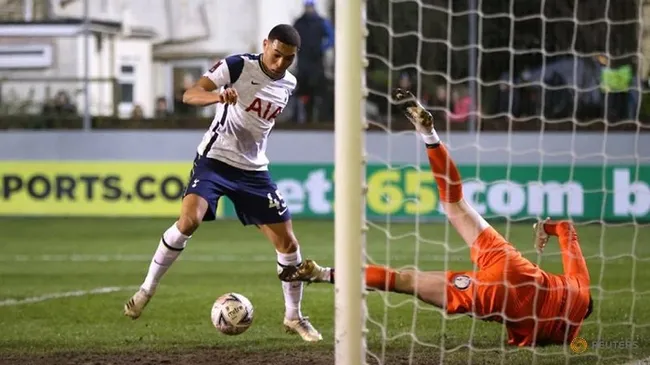 Soccer Football - FA Cup - Third Round - Marine AFC v Tottenham Hotspur - Rossett Park, Crosby, UK - January 10, 2021 Tottenham Hotspur's Carlos Vinicius scores their first goal. (Reuters)