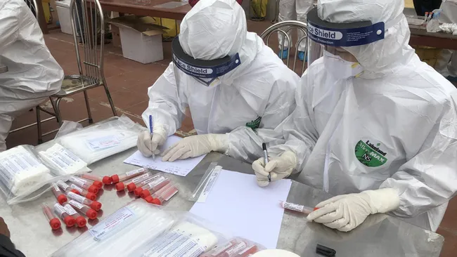 Health workers collect samples for COVID-19 testing at 