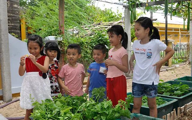 Children play next to lush green of vegetable patches on Sinh Ton island (Photo: NDO)