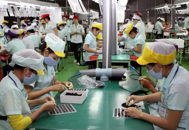 Workers at the Foster electronic component manufacturing factory at Tinh Phong Industrial Park in Quang Ngai Province.