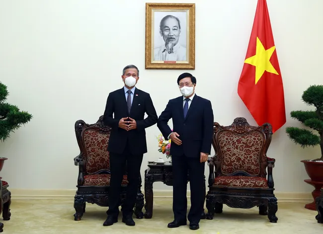 Deputy Prime Minister Pham Binh Minh (R) meets Singaporean Foreign Minister Vivian Balakrishnan in Hanoi