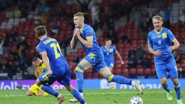 Ukraine's Artem Dovbyk celebrates scoring their second goal. (Photo: Reuters)