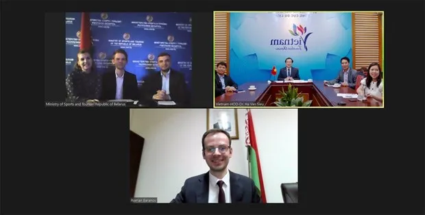 Representatives from Belarus’s Embassy in Hanoi and Ministry of Sports and Tourism, and the Vietnam National Administration of Tourism (VNAT) gather in a webinar to discuss potential cooperation in tourism between the two countries. (Photo: titc.vn)