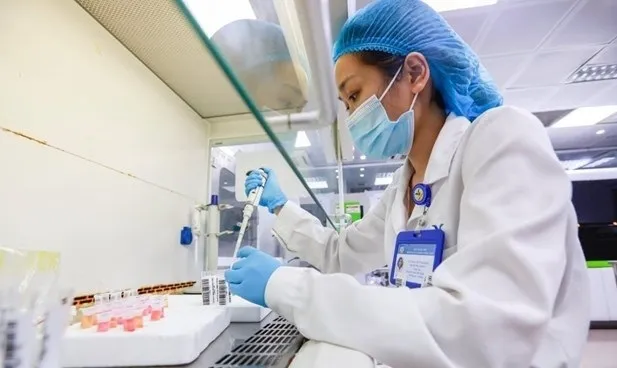 A health worker handles samples collected for COVID-19 testing (Photo: VNA)