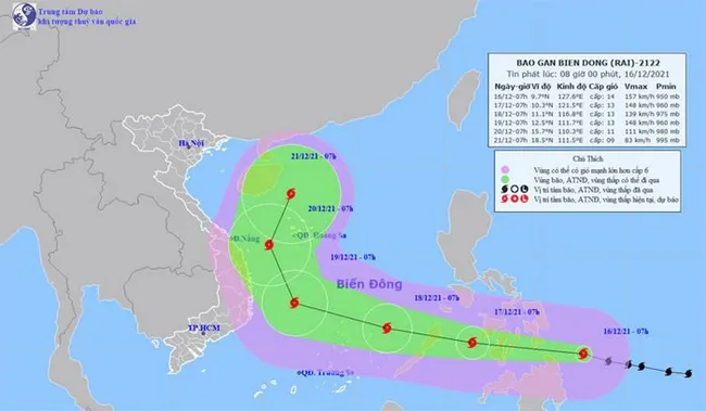 The position and direction of storm Rai at 8am on December 16. (Photo: nchmf.gov.vn)