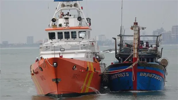 The boat SAR 412 tows the fishing vessel in distress to the shore in Da Nang. (Photo: VNA)