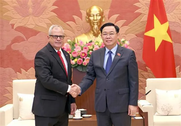 National Assembly Chairman Vuong Dinh Hue (right) receives Homero Acosta Álvarez, Secretary of the National Assembly of People’s Power and the Council of State of Cuba on November 8. (Photo: VNA)
