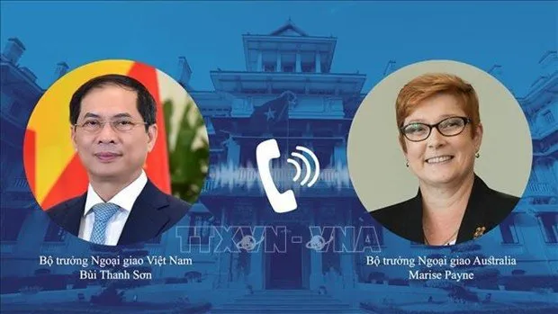 Vietnamese Minister of Foreign Affairs Bui Thanh Son (L) holds phone talks with his Australian counterpart Marise Payne. (Photo: baoquocte.vn)