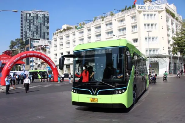 An electric bus on a trial run in HCM City (Photo: VNA)