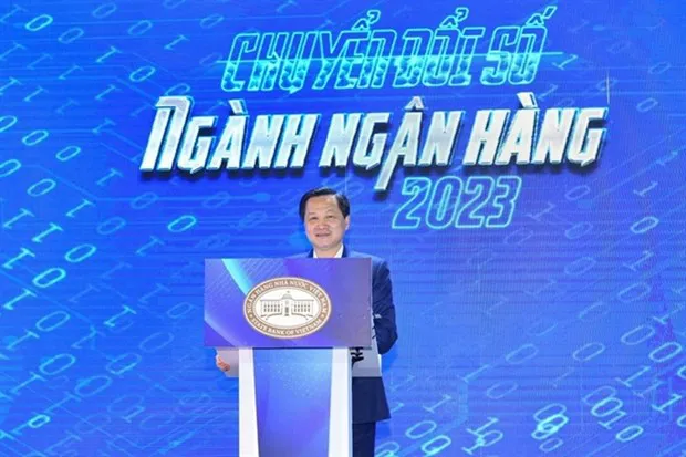Deputy PM Le Minh Khai gives a speech at the Banking Industry Digital Transformation Day 2023 in Hanoi on May 18.(Photo: VNA)