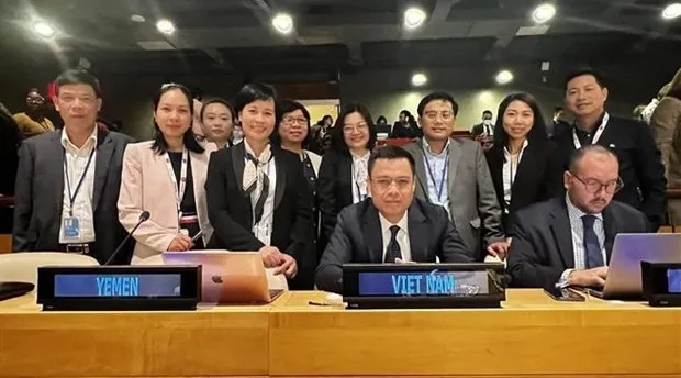 Ambassador Dang Hoang Giang (front, left) and other members of the Vietnamese delegation at the Intergovernmental Conference on Marine Biodiversity of Areas beyond National Jurisdiction in New York (Photo: VNA)