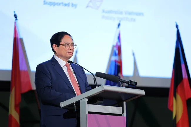 Prime Minister Pham Minh Chinh addressses the Vietnam - Australia Business Forum in Melbourne on March 5 (Photo: VNA)