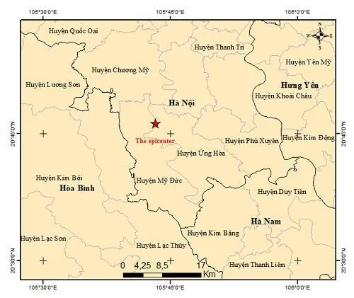 The location of the earthquake's epicentre in My Duc district, Hanoi, on March 25 morning (Photo: igp-vast.vn)