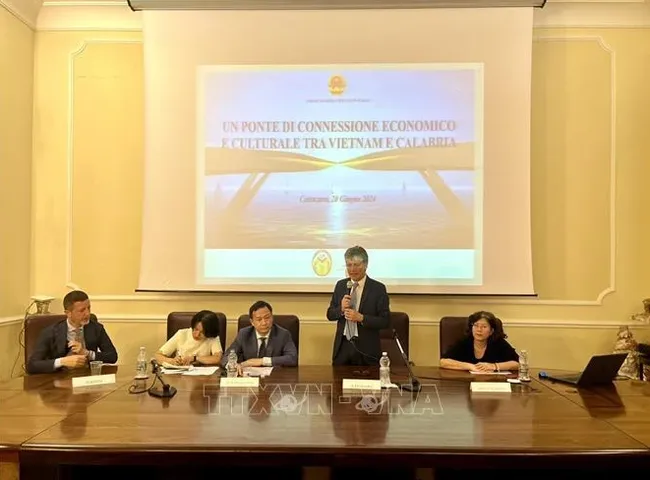 Vietnamese Ambassador to Italy Duong Hai Hung speaking at Vietnam-Calabria Connection Forum in Cantazaro city (Photo: VNA)