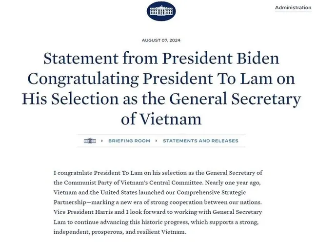 The White House's website publishes a congratulatory statement from US President Joe Biden to Vietnamese President To Lam on his election as the General Secretary of the Communist Party of Vietnam Central Committee. (Photo: Screenshot)