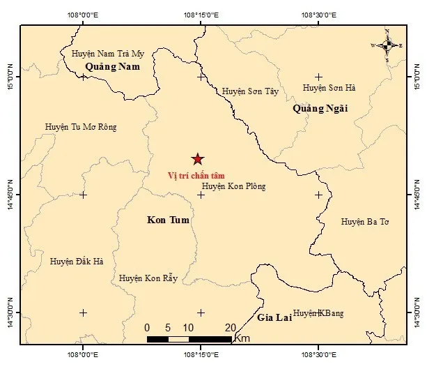 The epicentre of the 5.0-magnitude earthquake in Kon Plong District, Kon Tum Province.