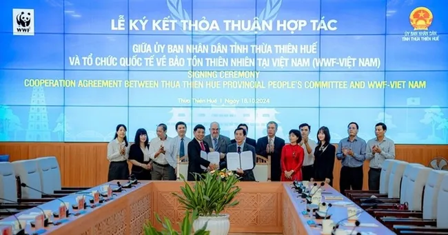 The signing ceremony between Thua Thien Hue and WWF Vietnam. (Photo: VNA)