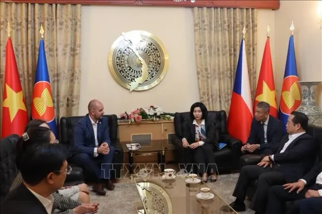 Permanent Vice Chairwoman of Hanoi People's Council Phung Thi Hong Ha works with representatives of Skoda Auto Group. (Photo: VNA)