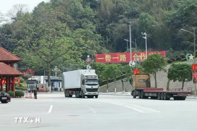 Trucks carry imported/exported goods at Huu Nghi border gate in the northern province of Lang Son. (Photo: VNA)