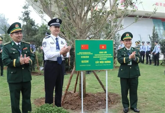 Delegates at the programme plant a tree at the Huu Nghi International Border Gate (Photo: VNA)