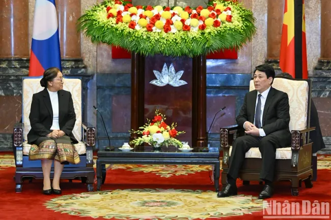 State President Luong Cuong receives Lao Vice President Pany Yathotou in Ha Noi on May 25. (Photo: NDO)
