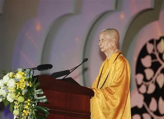 Most Venerable Thich Tri Quang, the Supreme Patriarch of the Patronage Council of the Viet Nam Buddhist Sangha (VBS), speaks at the opening ceremony of the United Nations Day of Vesak Celebrations 2025 on May 6. (Photo: VNA)