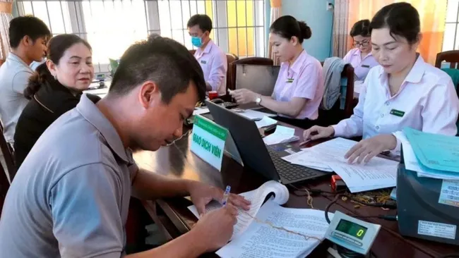 Customers conducting transactions at a service point of the Hoai Nhon Town branch of the Viet Nam Bank for Social Policies.