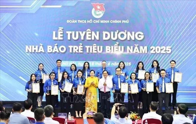 Deputy PM Bui Thanh Son presents the certificate and emblem of the Government’s Youth Union to outstanding young journalists. (Photo: VNA)