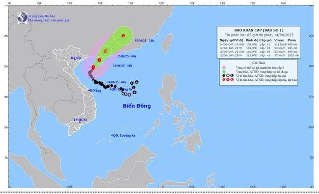 Forecast map of the track and intensity of Storm No.01 as of 5:00 AM on June 14, 2025.