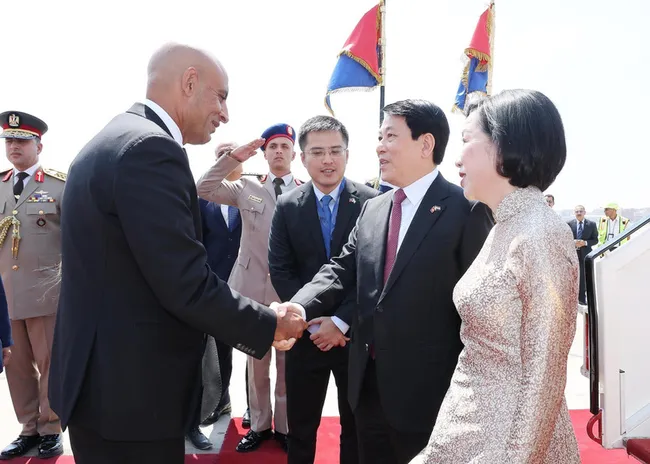 State President Luong Cuong (R) and his spouse Nguyen Thi Minh Nguyet are welcomed by Egyptian Minister of Education and Technical Education Mohamed Abdel Latif. (Photo: VNA)