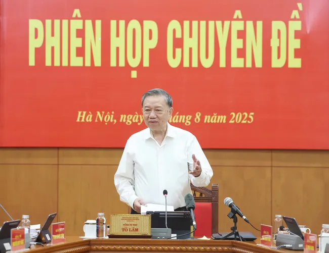 Party General Secretary To Lam speaks at the thematic meeting of the central steering committee for perfecting institutions and laws in Hanoi on August 5. (Photo: VNA)