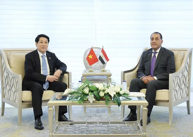 State President Luong Cuong (L) meets with Egyptian Prime Minister Mostafa Madbouly in Cairo on August 5, 2025 (local time). Photo: VNA