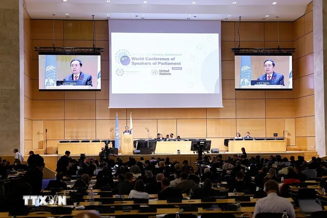 National Assembly Chairman Tran Thanh Man speaks at the plenary of the 6th World Conference of Speakers of Parliament. (Photo: VNA)