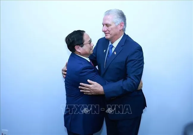 Vietnamese Prime Minister Pham Minh Chinh (L) meets with First Secretary of the Communist Party of Cuba Central Committee and President of Cuba Miguel Díaz Canel in Rio de Janeiro, Brazil, on July 6 (local time) on the sidelines of the expanded BRICS summit. (Photo: VNA)