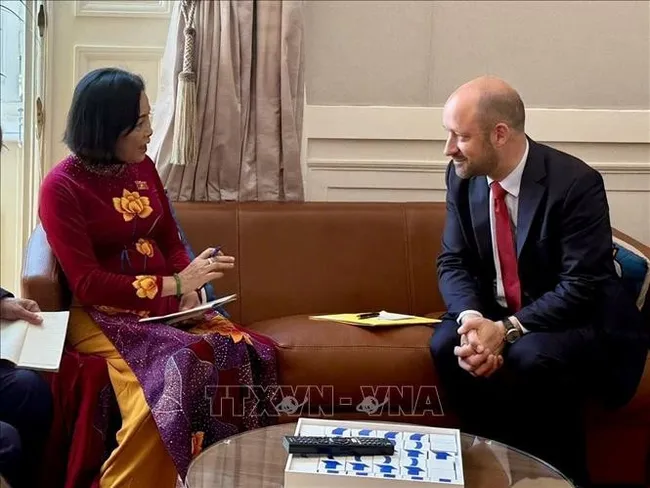 National Assembly Vice Chairwoman Nguyen Thi Thanh (L) holds talks with French Senate Vice President Loic Hervé. (Photo: VNA)