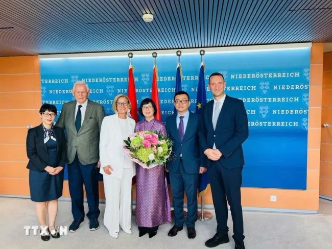 Vietnamese Ambassador to Austria Vu Le Thai Hoang (second from right) pays a courtesy call on Governor of Lower Austria Johanna Mikl-Leitner. (Photo: VNA)